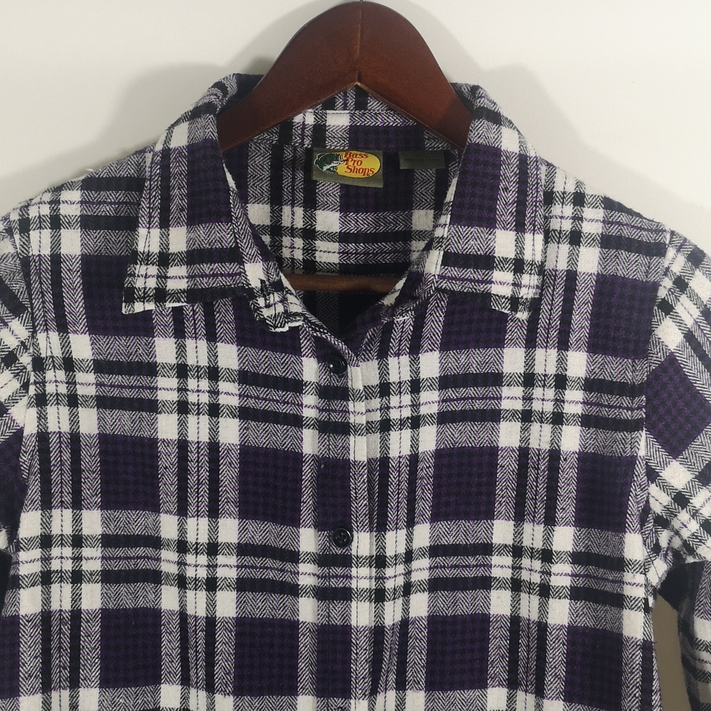 Girls Bass Pro Shops Purple, Black and White Plaid Flannel Button Shirt, Size XL - Picture 3 of 5